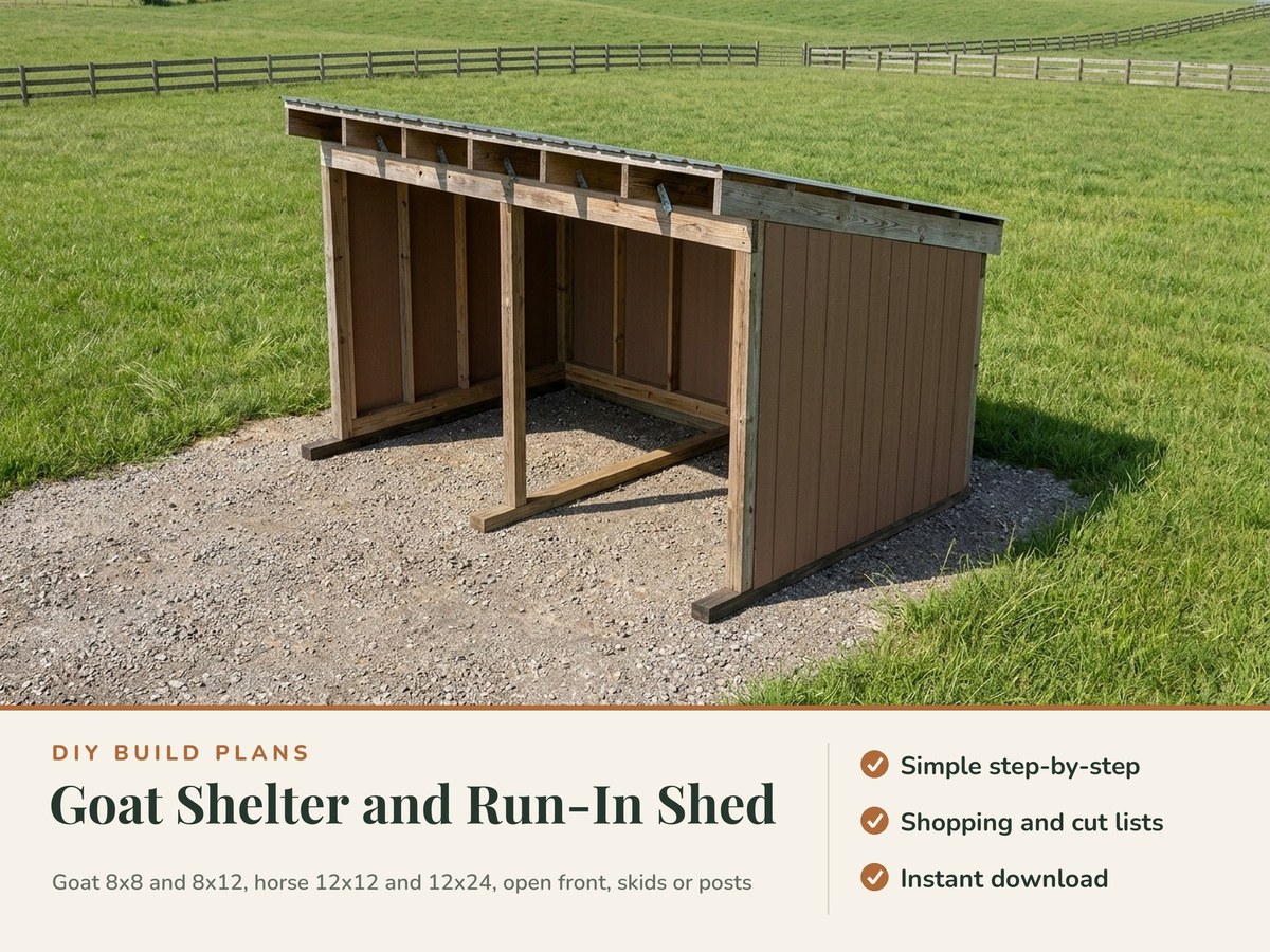 Goat Shelter and Horse Run-In Shed Plans PDF: 8x8, 8x12, 12x12 and 12x24, Open Front, image 1